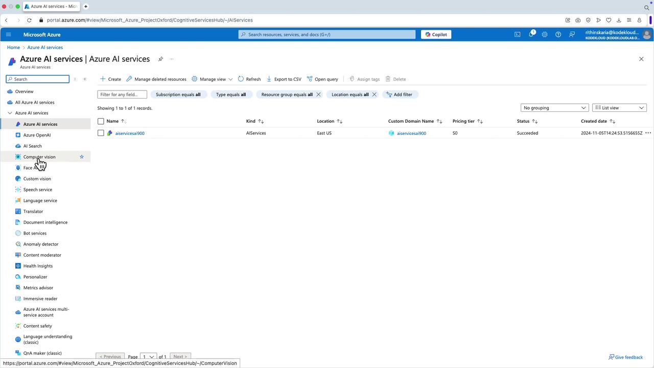 The image shows a Microsoft Azure portal interface displaying Azure AI services, with a list of available services on the left and details of a specific AI service on the right.