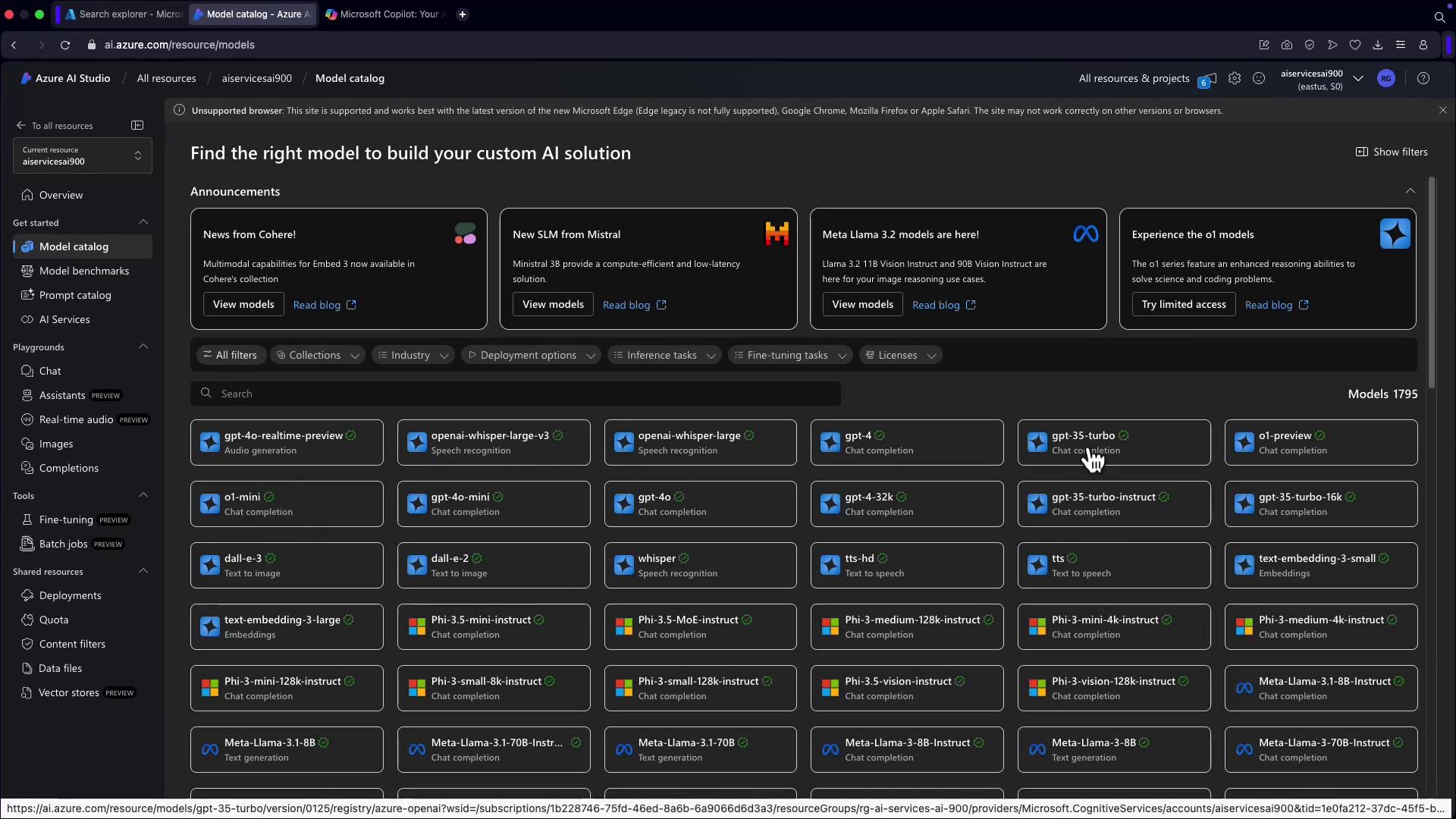 The image shows a model catalog interface from Azure AI Studio, displaying various AI models for tasks like chat completion, speech recognition, and text-to-image generation. It includes announcements about new models and features, with options to filter and view different models.