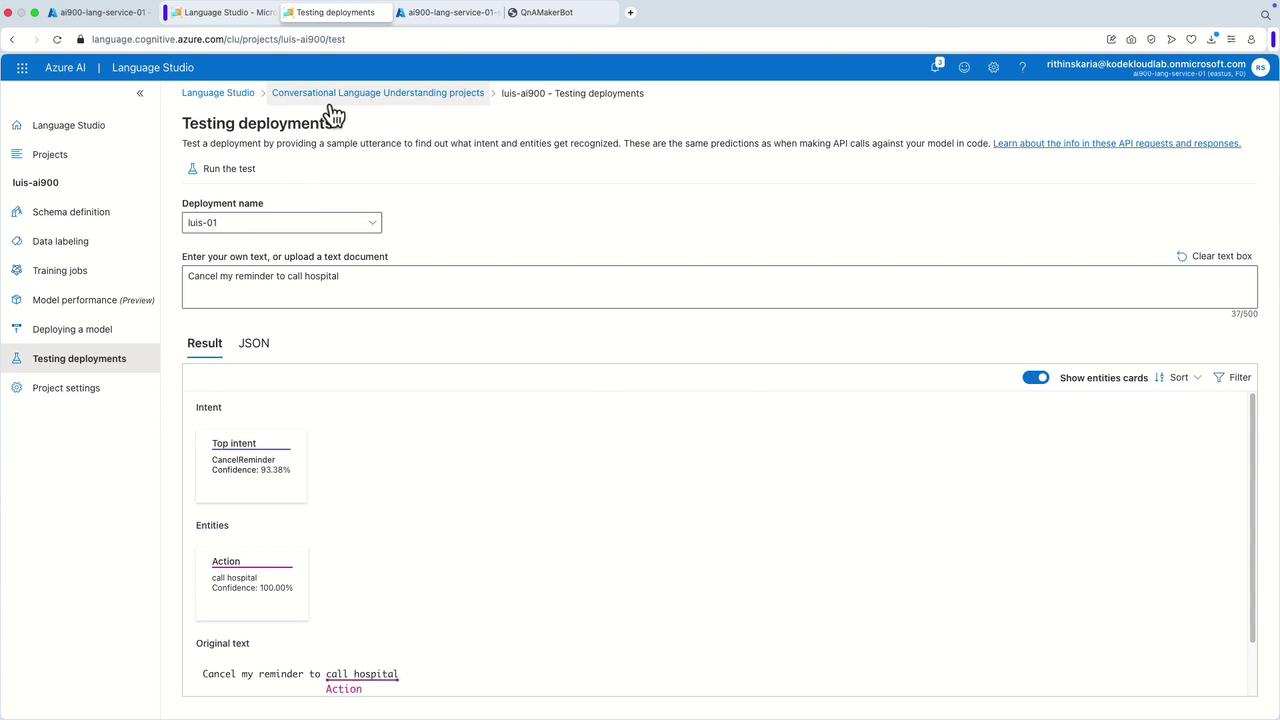 The image shows a screenshot of the Azure Language Studio interface, specifically the "Testing deployments" section, where a text input "Cancel my reminder to call hospital" is being analyzed for intent and entities.