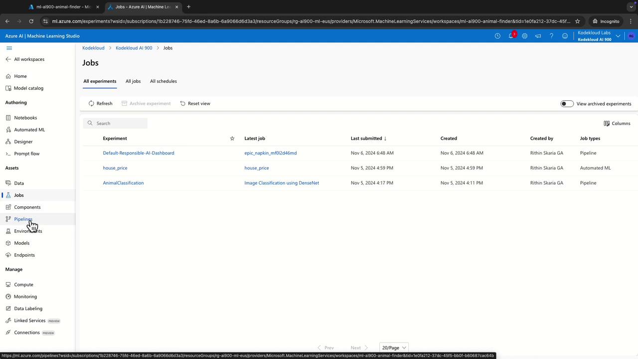 The image shows the "Jobs" section of Azure Machine Learning Studio, displaying a list of experiments with details such as the latest job, submission date, and job type. The sidebar includes options like Notebooks, Automated ML, and Pipelines.