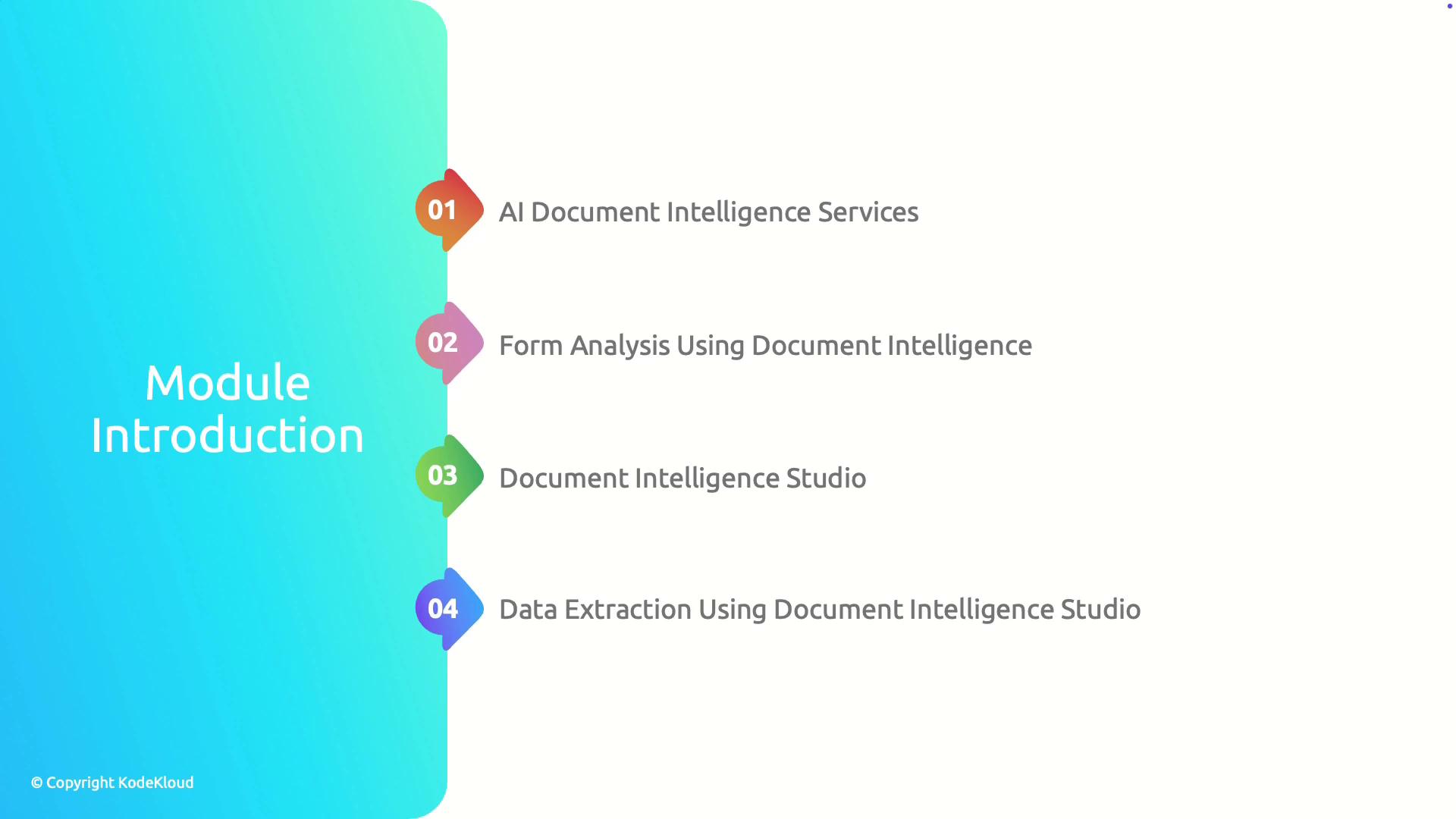 The image is a module introduction slide listing four topics related to document intelligence services, including AI services, form analysis, a studio, and data extraction.