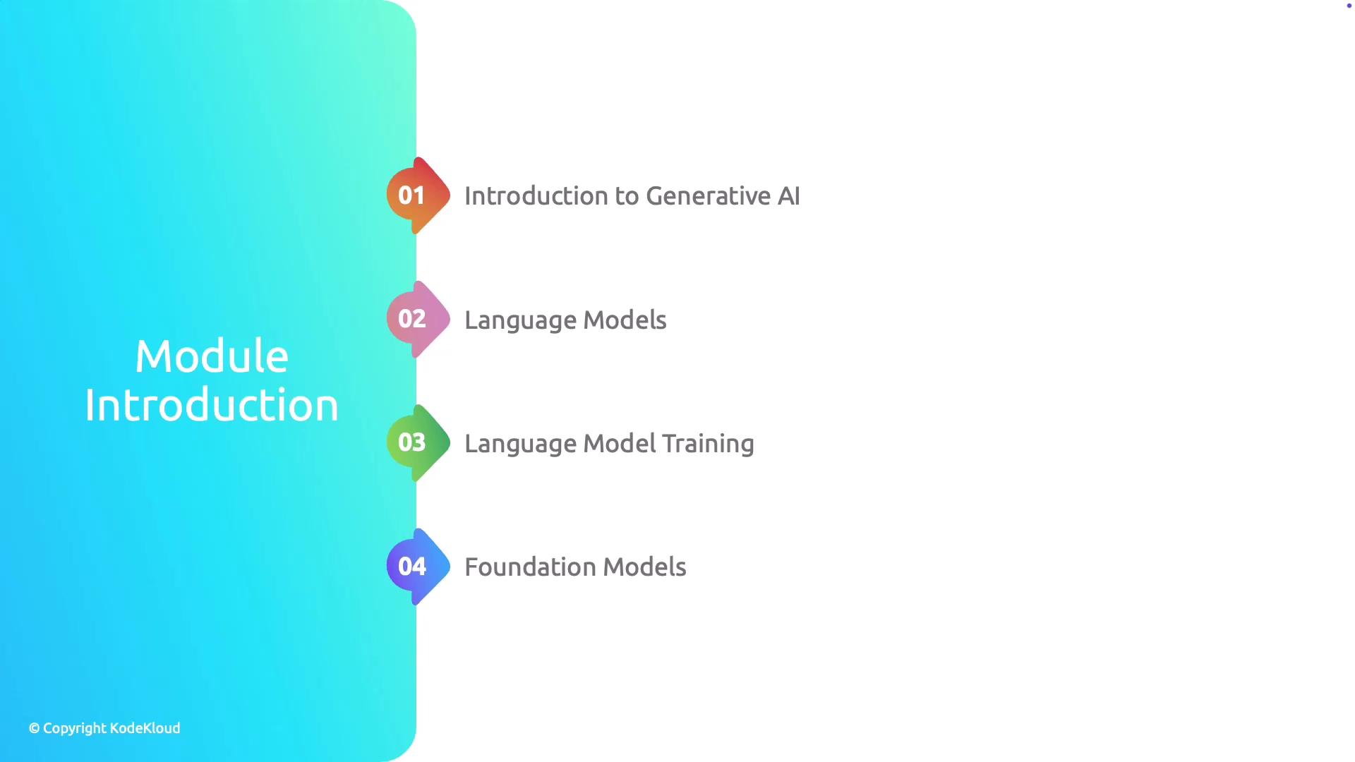 The image is a module introduction slide with a gradient background, listing four topics: Introduction to Generative AI, Language Models, Language Model Training, and Foundation Models.