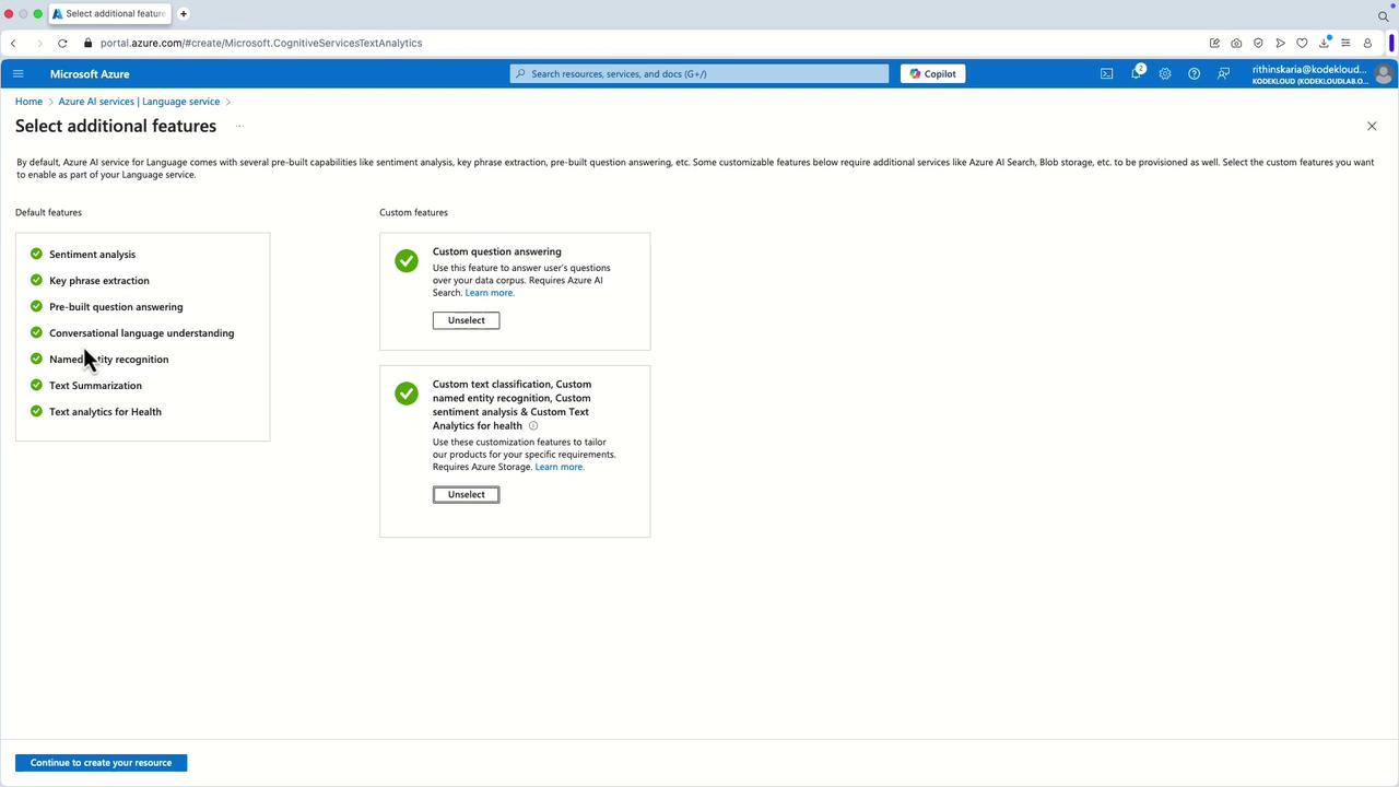 The image shows a Microsoft Azure interface for selecting additional features in the Language service, including options like sentiment analysis, key phrase extraction, and custom question answering.