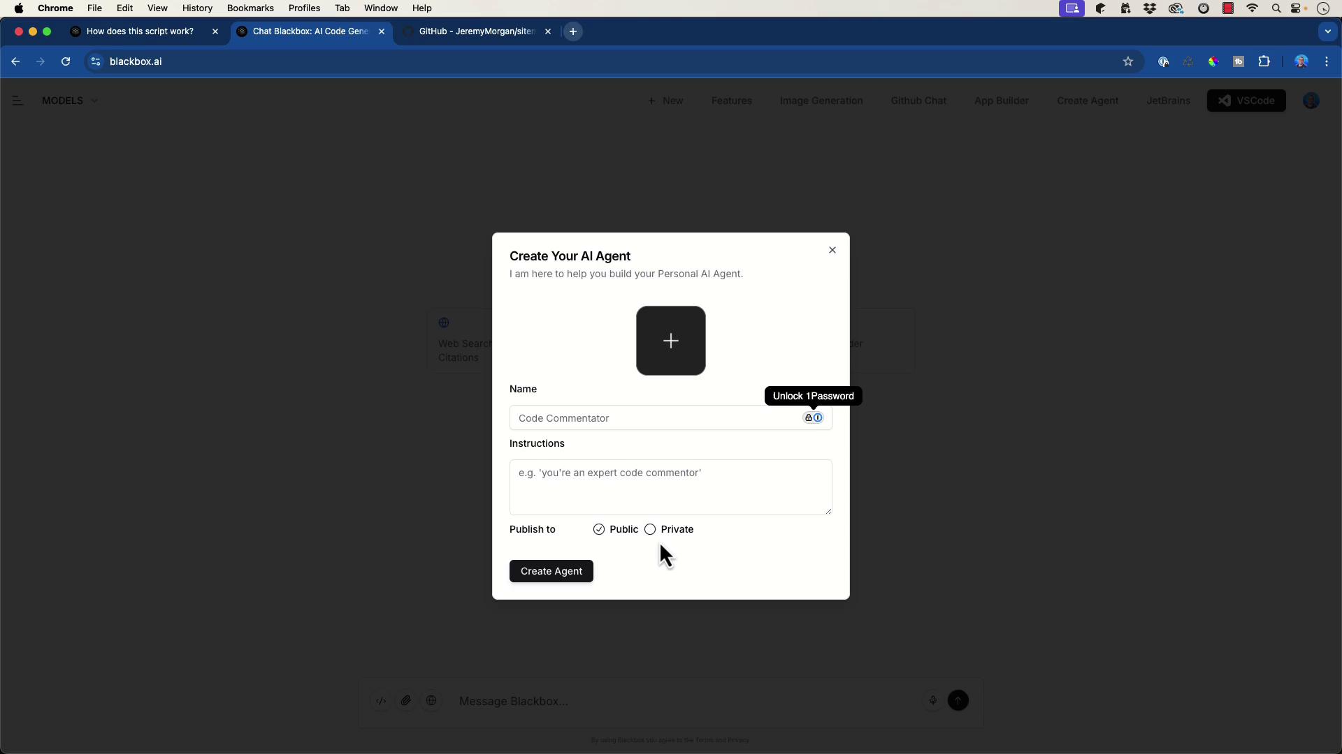The image shows a web interface for creating an AI agent, with fields for the agent's name, instructions, and publication settings. A cursor is hovering over the "Private" option for publishing.