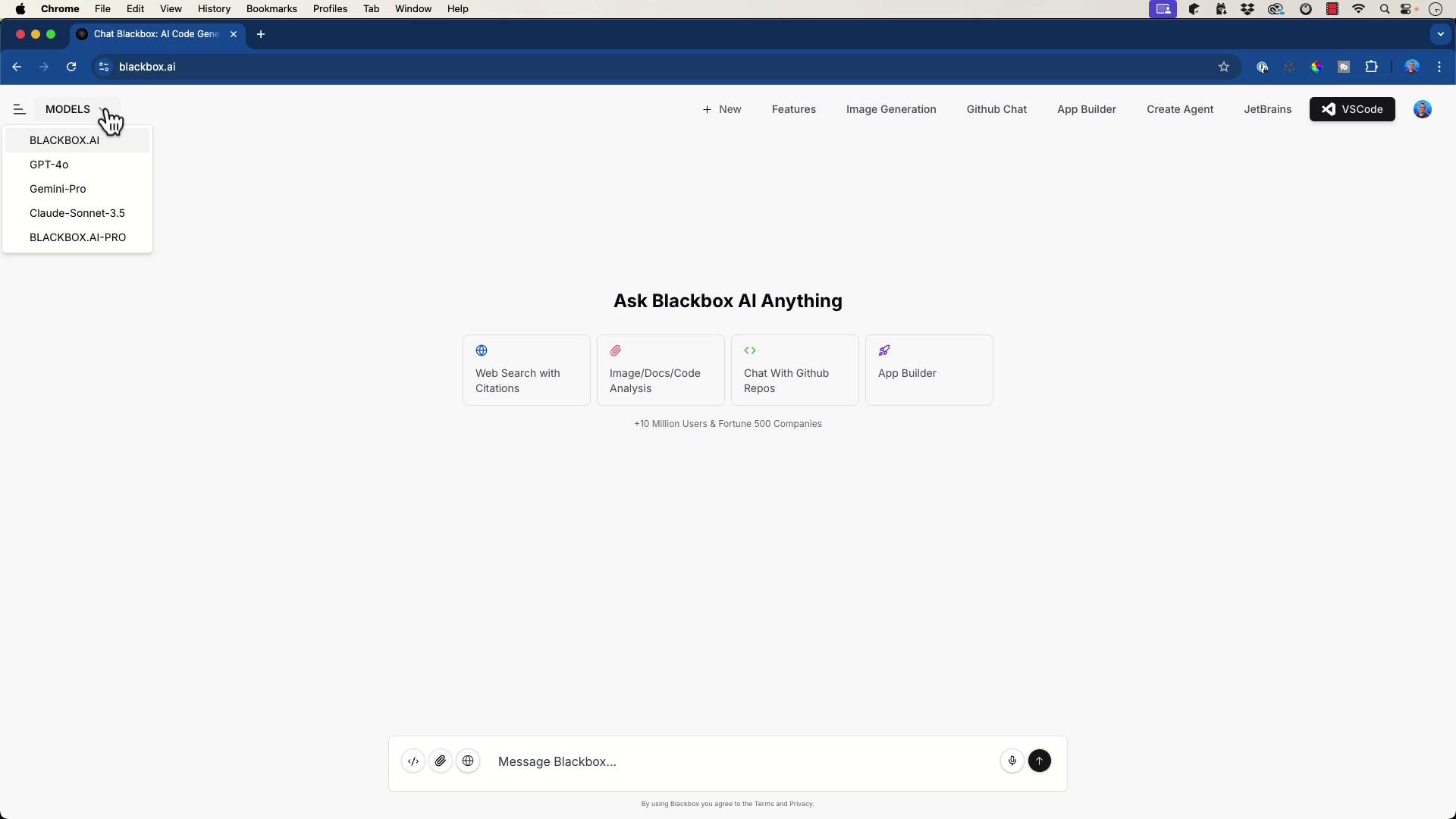 The image shows a webpage for Blackbox AI, featuring a dropdown menu for selecting AI models and options for web search, code analysis, GitHub chat, and app building.