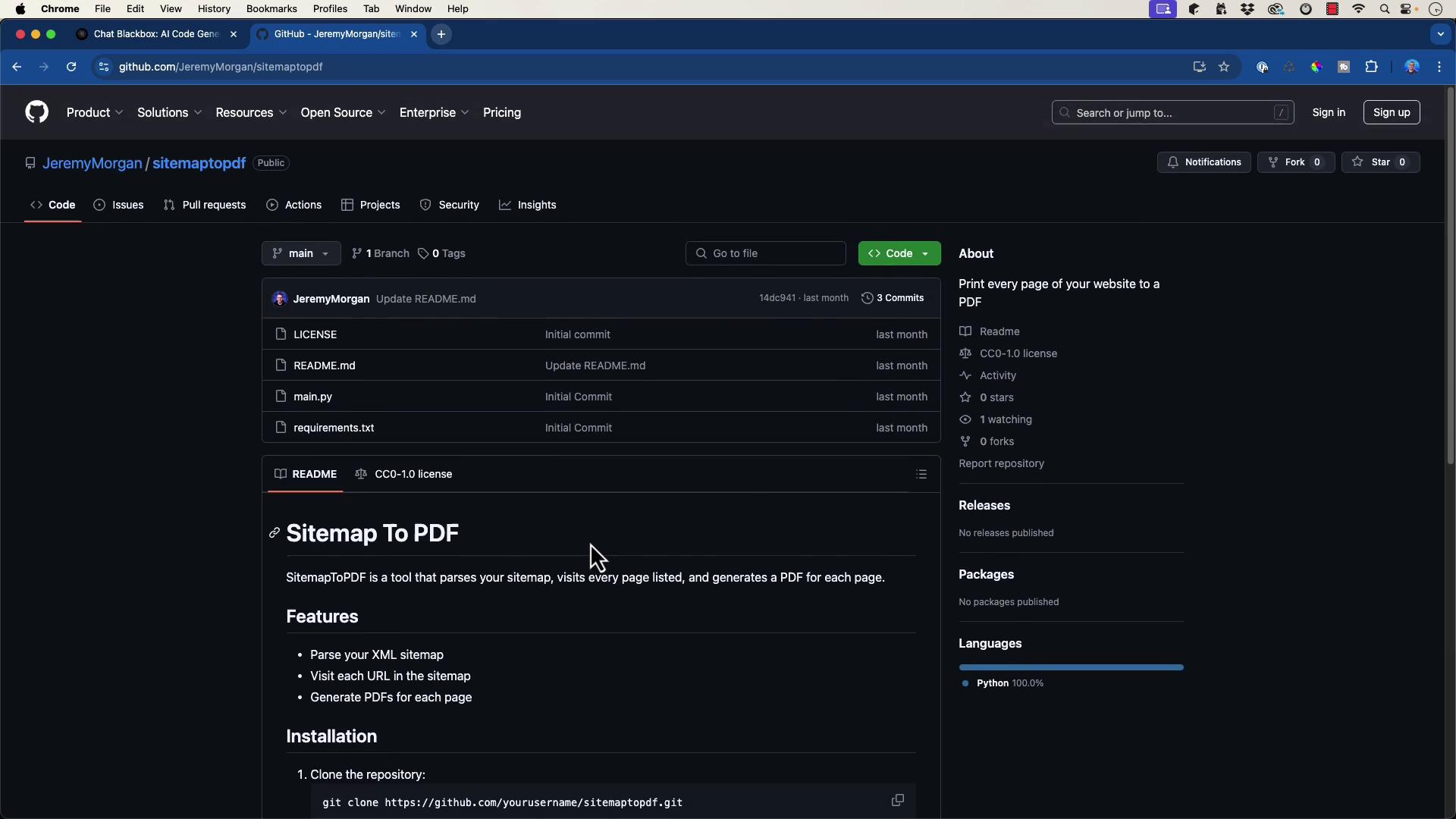 The image shows a GitHub repository page for a project called "Sitemap To PDF," which is a tool for parsing sitemaps and generating PDFs for each page. The repository includes files like LICENSE, README.md, main.py, and requirements.txt.