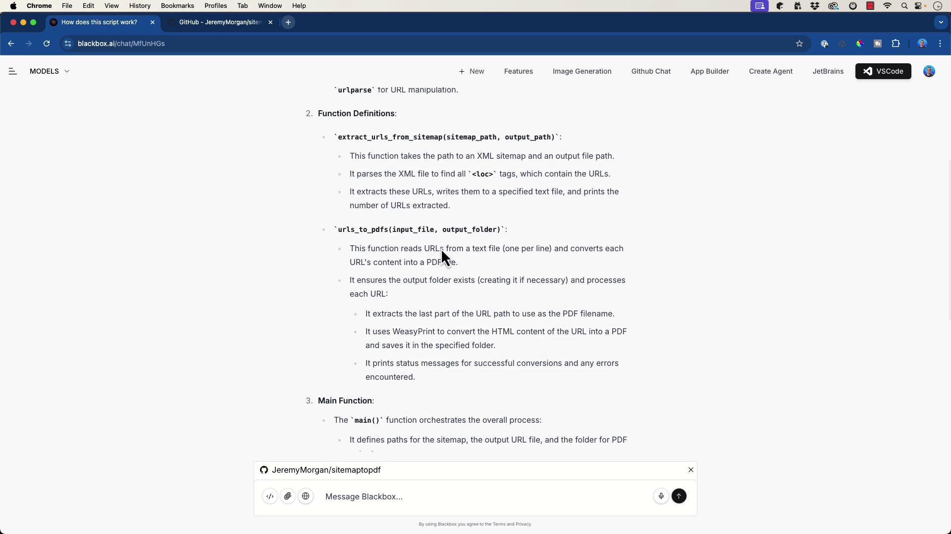The image shows a browser window displaying a webpage with function definitions for a script that extracts URLs from a sitemap and converts them into PDFs. The page includes details about the functions and their processes.