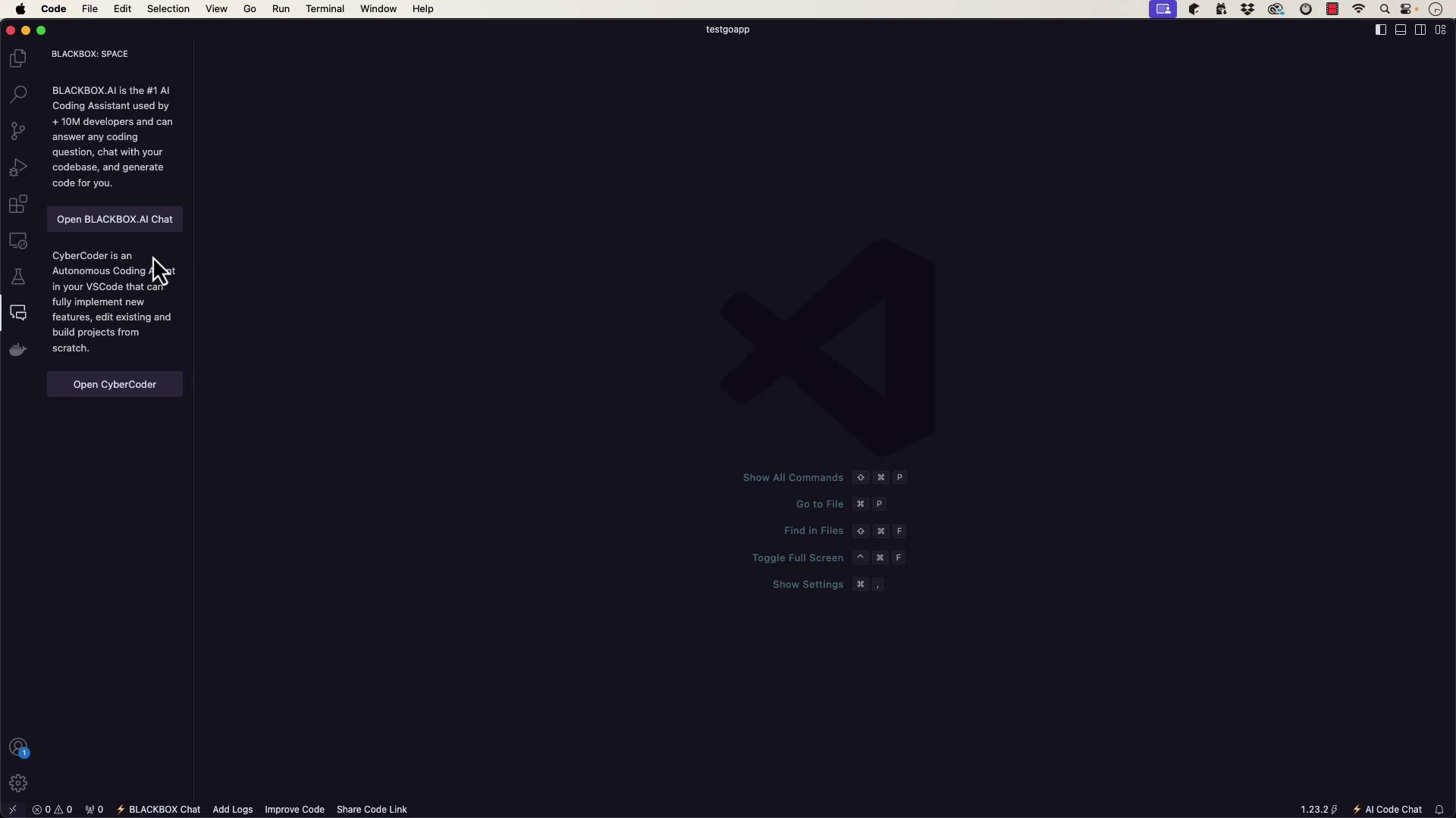 The image shows the Visual Studio Code interface with a sidebar featuring options for "BLACKBOX.AI" and "CyberCoder," and a large logo in the center.