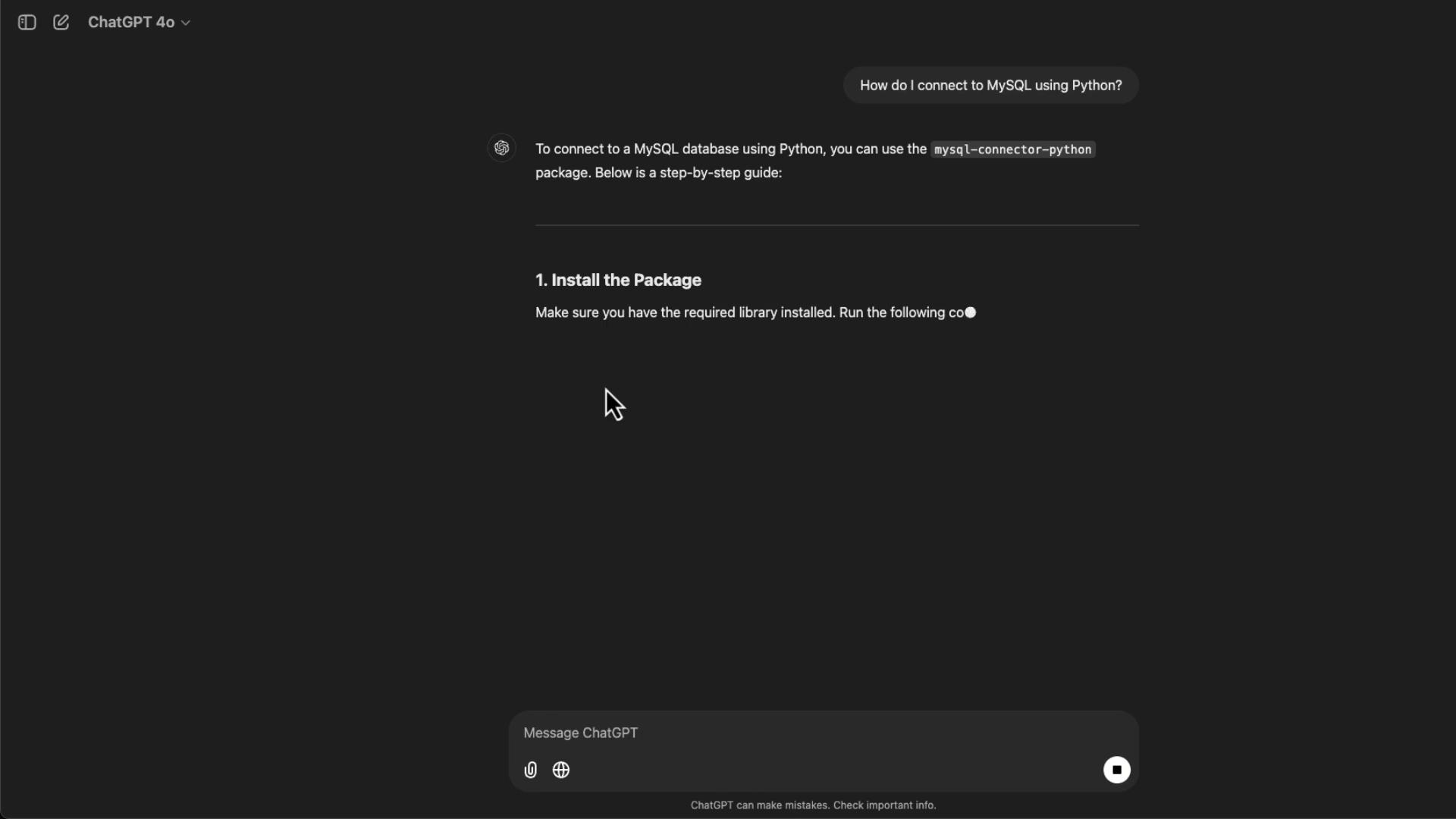 The image shows a ChatGPT interface with a user asking how to connect to MySQL using Python. The response provides a step-by-step guide, starting with installing the `mysql-connector-python` package.