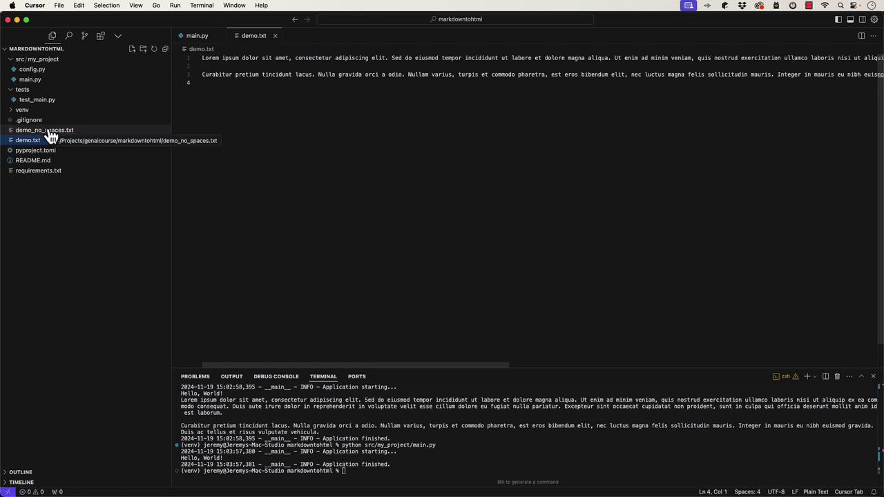 The image shows a code editor with a file directory on the left and a text file open in the main area, displaying placeholder text. The terminal at the bottom shows log messages related to an application starting and finishing.