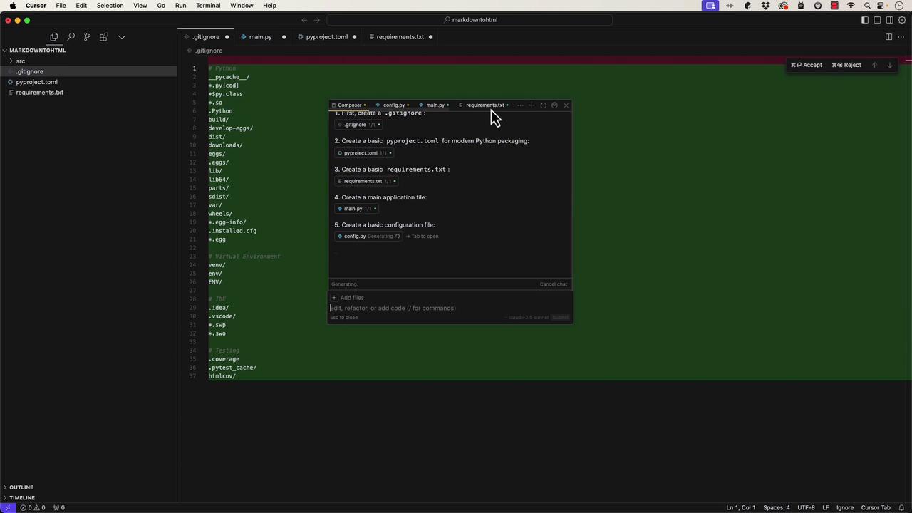 The image shows a code editor with a project structure on the left and a `.gitignore` file open in the main window. A pop-up window lists steps for setting up a Python project, including creating files like `pyproject.toml` and `requirements.txt'.