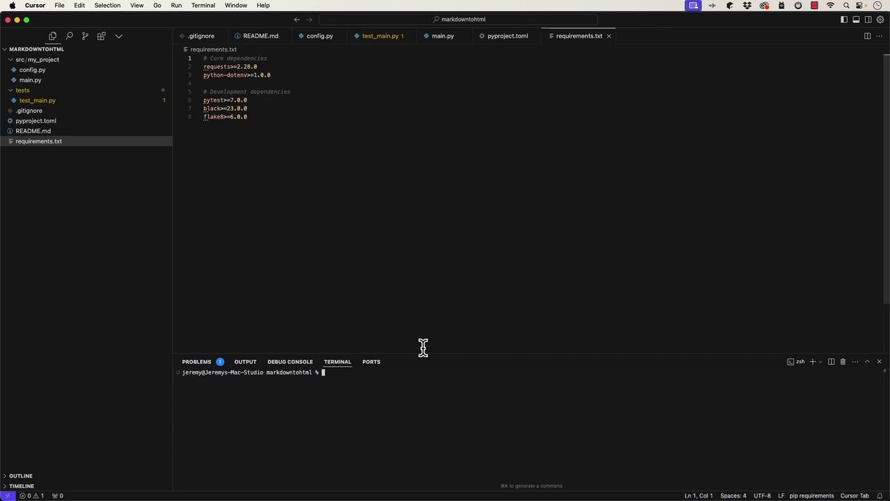 The image shows a Visual Studio Code interface with a project directory open, displaying a `requirements.txt` file listing Python dependencies. The terminal at the bottom is ready for input.