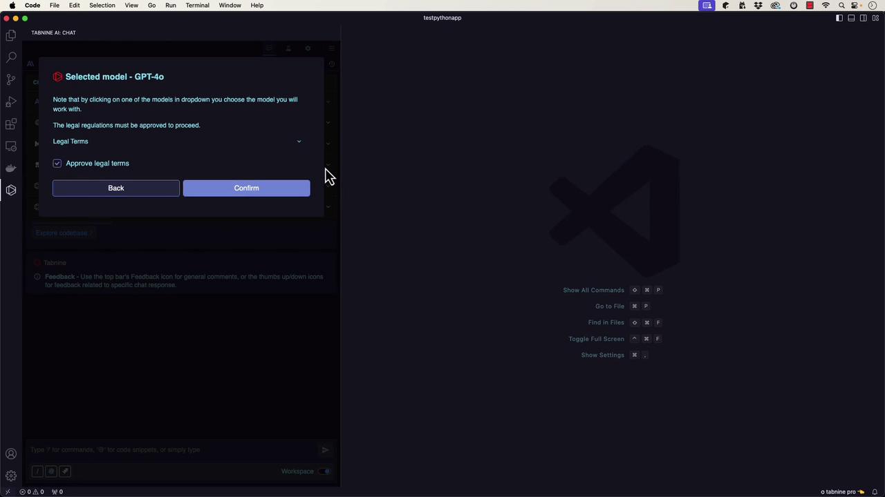 The image shows a dark-themed interface of a code editor with a pop-up window titled "Selected model - GPT-4o," prompting the user to approve legal terms. The background displays the Visual Studio Code logo and some shortcut commands.