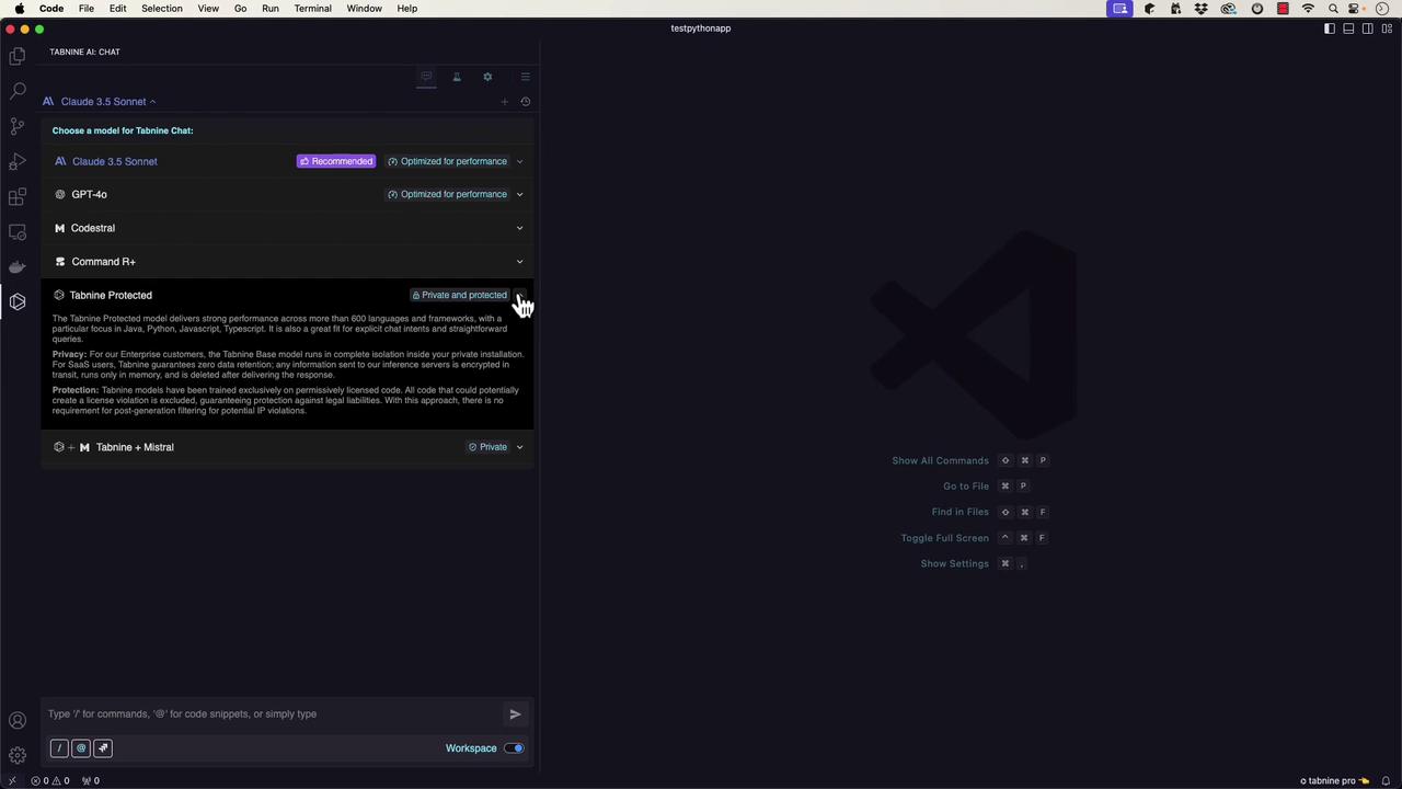 The image shows a Visual Studio Code interface with a Tabnine AI chat extension open, displaying options for different AI models and their descriptions. The main workspace is dark with a large VS Code logo in the center.