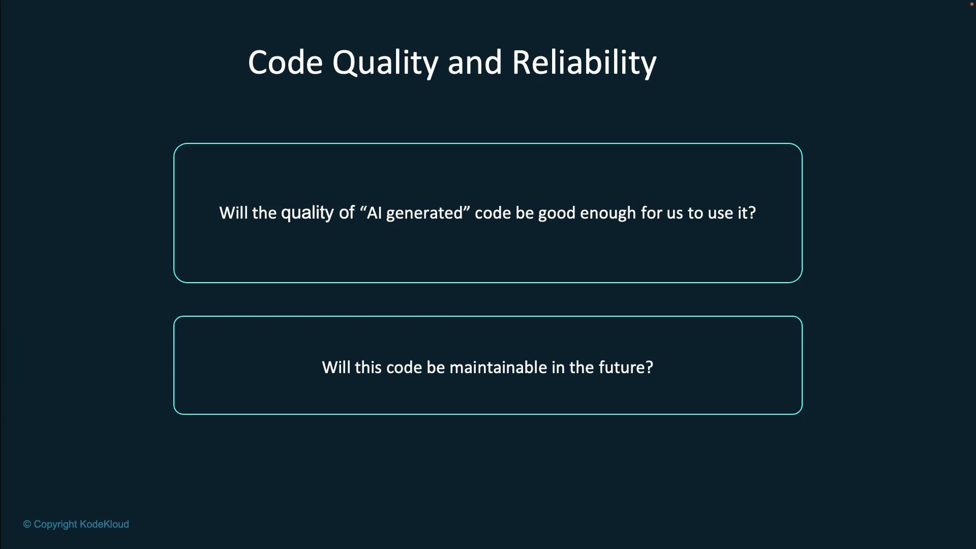 The image is a slide titled "Code Quality and Reliability," posing questions about the quality and maintainability of AI-generated code.