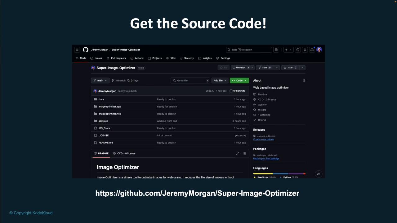 The image shows a GitHub repository page for "Super-Image-Optimizer" with a link to the source code. It includes details about the repository's files, commits, and programming languages used.