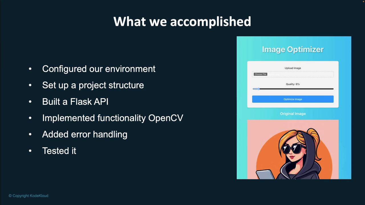 The image is a presentation slide titled "What we accomplished," listing tasks like configuring the environment and building a Flask API, alongside an "Image Optimizer" interface with a cartoon character.