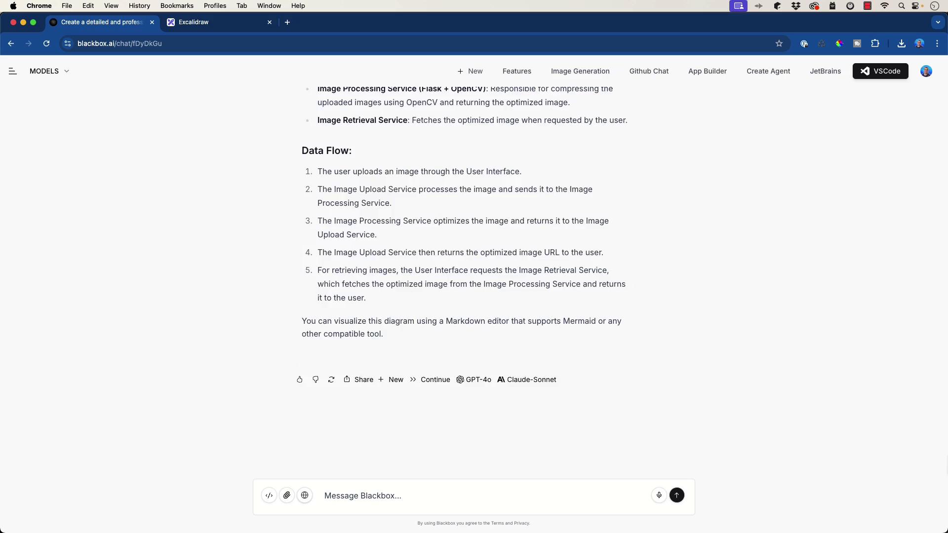 The image shows a webpage with a description of an image processing service's data flow, detailing steps from image upload to retrieval. The interface includes options for features, image generation, and app building.