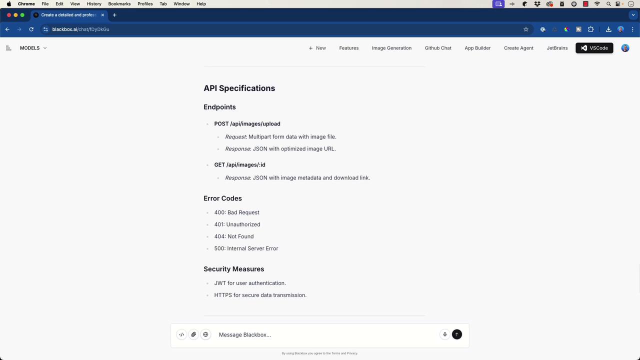 The image shows a webpage displaying API specifications, including endpoints, error codes, and security measures. It also features a navigation bar with options like "Features," "Image Generation," and "GitHub Chat."
