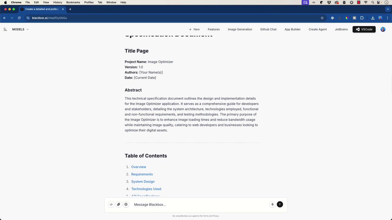 The image shows a webpage displaying a technical specification document for an "Image Optimizer" project, including a title page, abstract, and table of contents. The document outlines design and implementation details for enhancing image loading times and reducing bandwidth usage.