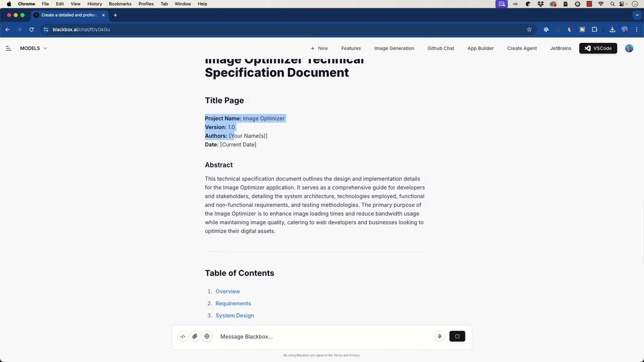 The image shows a technical specification document for an "Image Optimizer" project, including a title page, abstract, and table of contents. The document outlines design and implementation details for enhancing image loading times and reducing bandwidth usage.