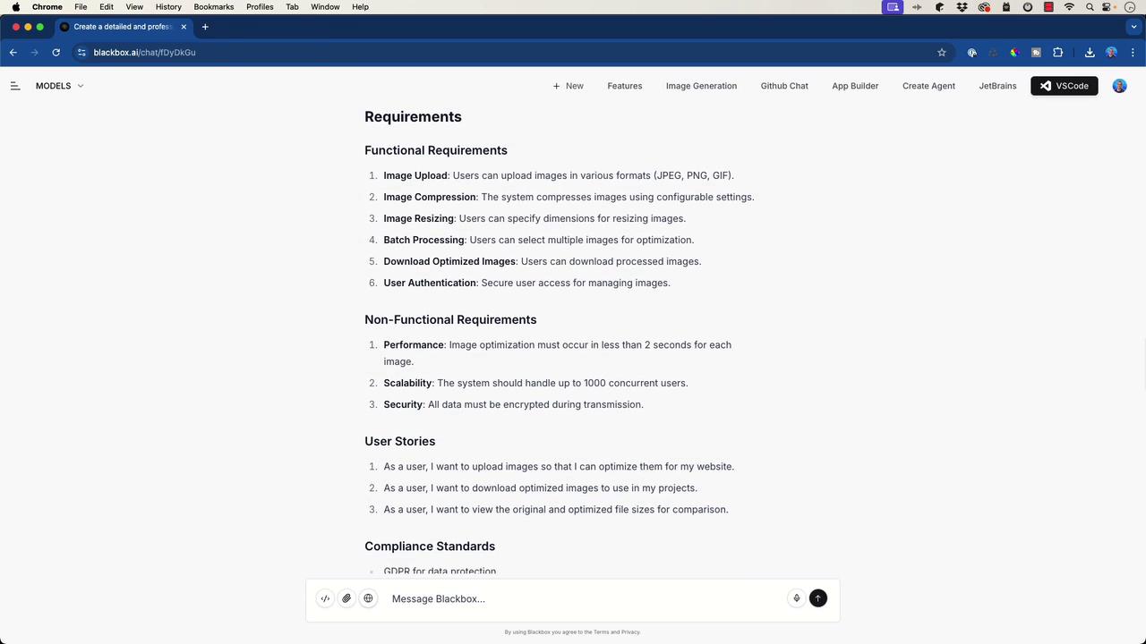 The image shows a webpage detailing requirements for an image processing system, including functional and non-functional requirements, user stories, and compliance standards. It outlines features like image upload, compression, resizing, and security measures.