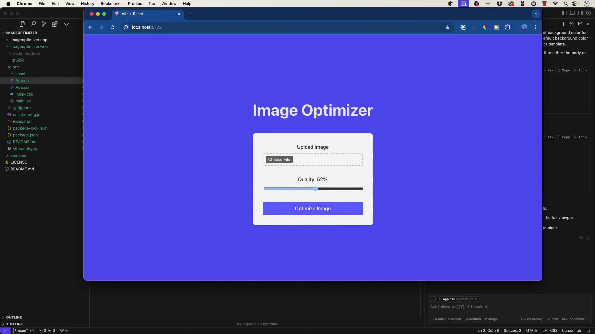 The image shows a web application interface for an "Image Optimizer" with options to upload an image, adjust quality, and optimize it. The background is blue, and the interface is displayed in a browser window.