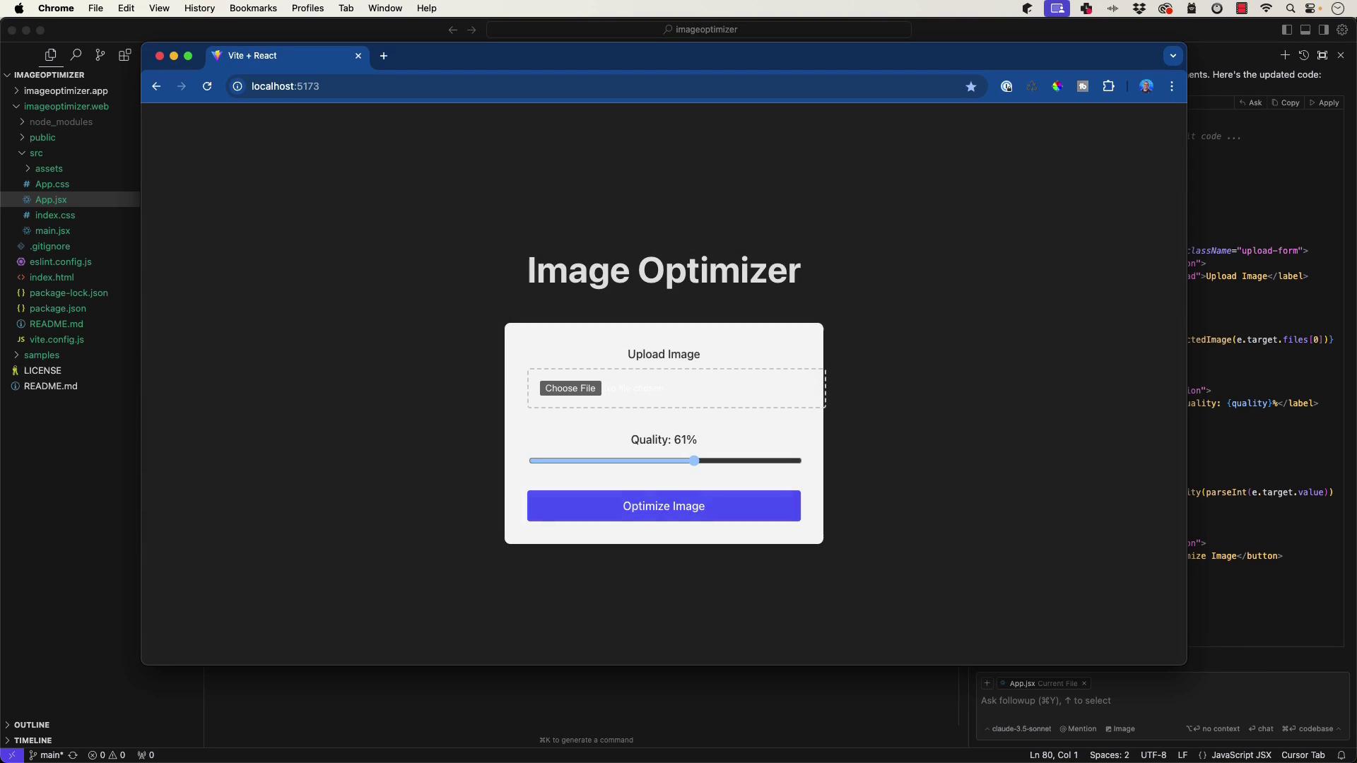 The image shows a web application interface for an "Image Optimizer" with options to upload an image, adjust quality, and optimize it. The background displays a code editor with a project directory and code files.