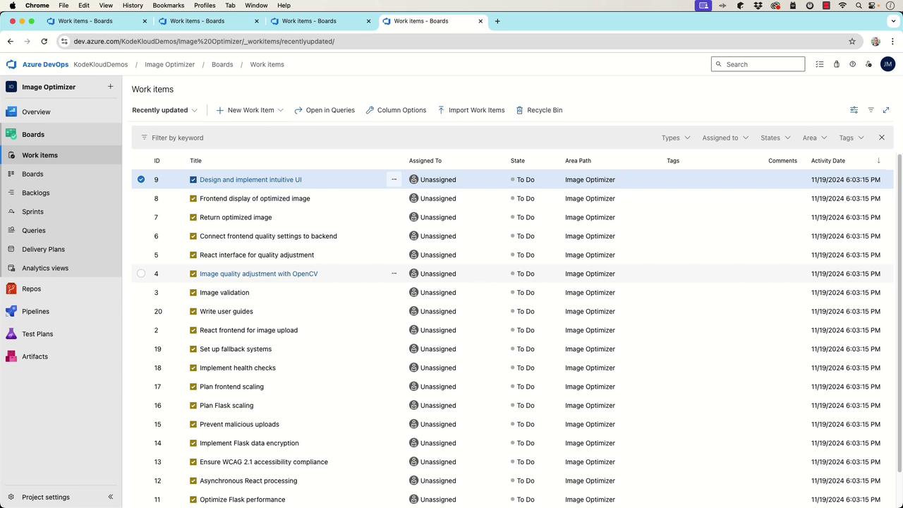 The image shows a project management interface from Azure DevOps, displaying a list of work items related to an "Image Optimizer" project, with details such as ID, title, assigned person, state, and activity date.