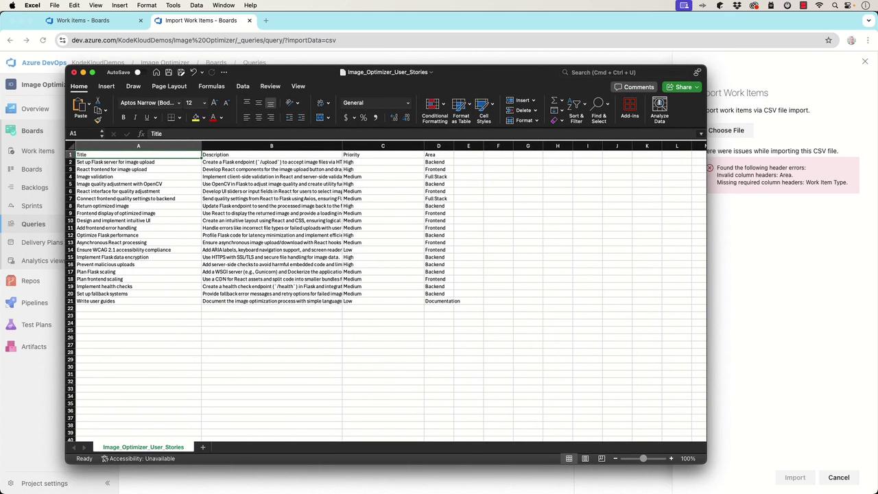 The image shows a spreadsheet with user stories for an image optimizer project, including columns for title, description, priority, and area. There is also an error message about invalid and missing column headers during a CSV import in Azure DevOps.