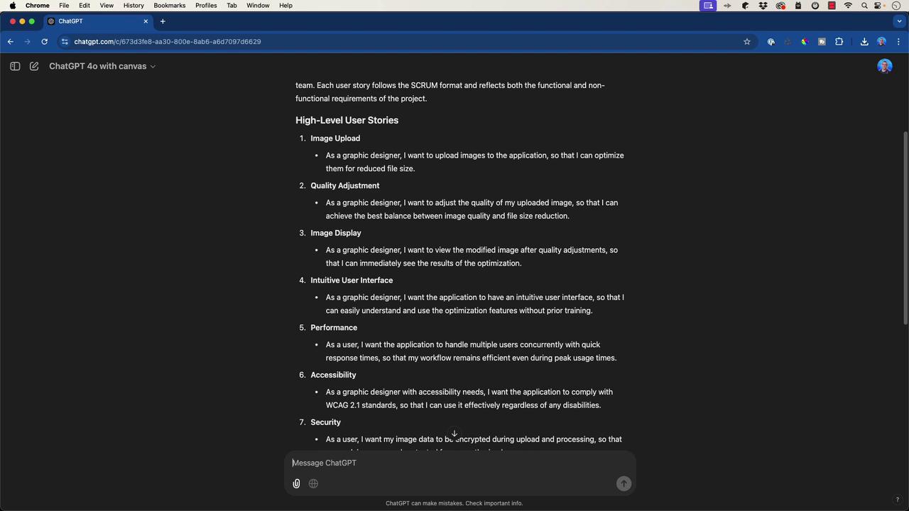 The image shows a webpage with a list of high-level user stories for a project, focusing on features like image upload, quality adjustment, image display, intuitive user interface, performance, accessibility, and security. The text is displayed in a dark-themed browser window.
