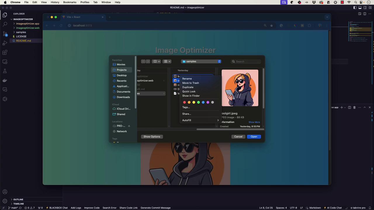 The image shows a computer screen with a file explorer window open, displaying a folder named "samples" and highlighting an image file named "coolgirl.jpeg." The background appears to be a web application titled "Image Optimizer."