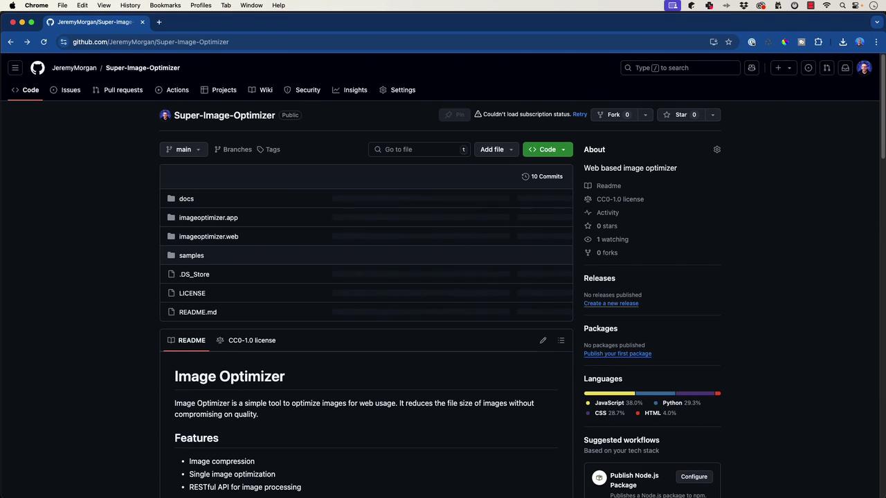 The image shows a GitHub repository page for a project called "Super-Image-Optimizer," featuring folders, files, and a description of the project. The repository includes information about the project's features, such as image compression and optimization.