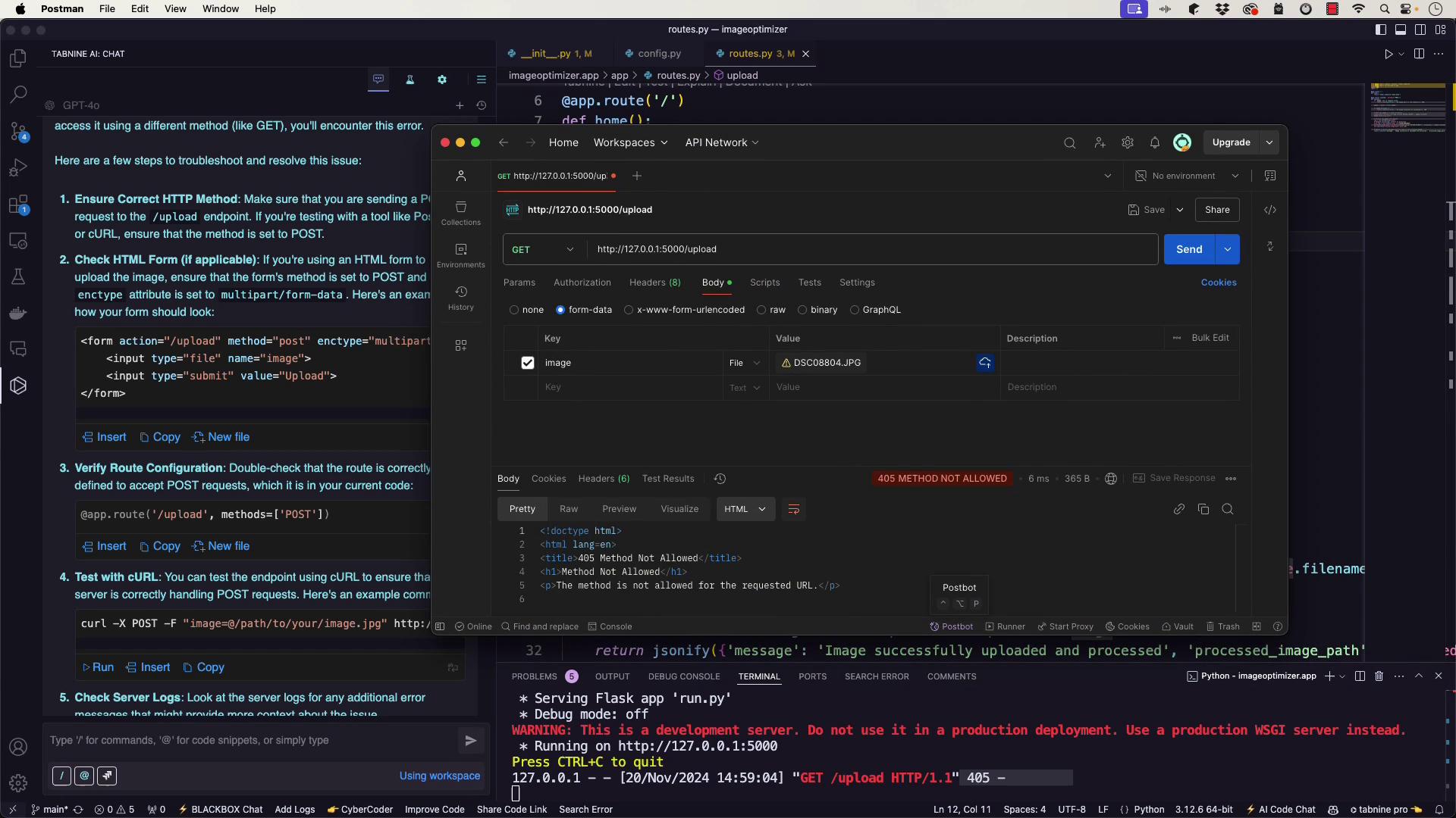 The image shows a code editor with Python code on the left and a Postman interface on the right, where a POST request to a local server is being made, resulting in a 404 error.