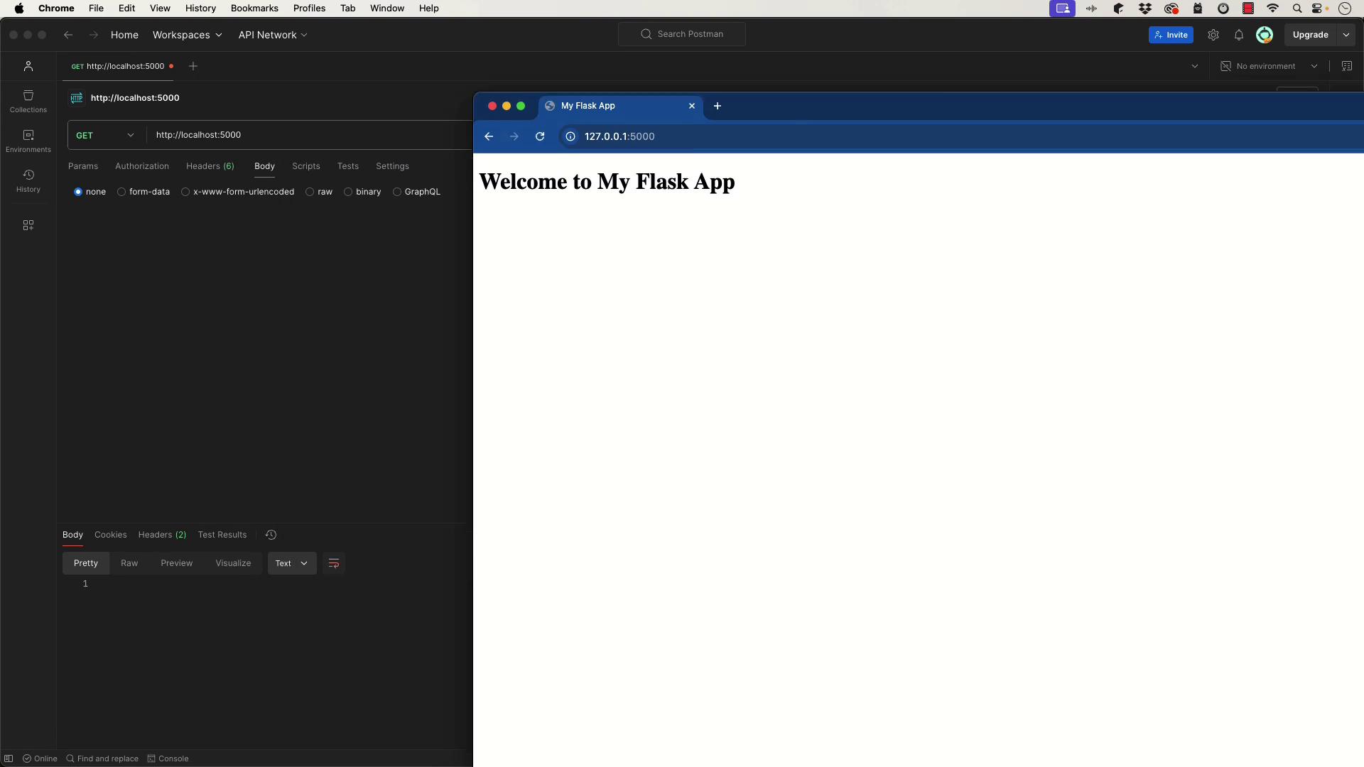 The image shows a Postman interface with a GET request to "http://localhost:5000" and a browser window displaying "Welcome to My Flask App."