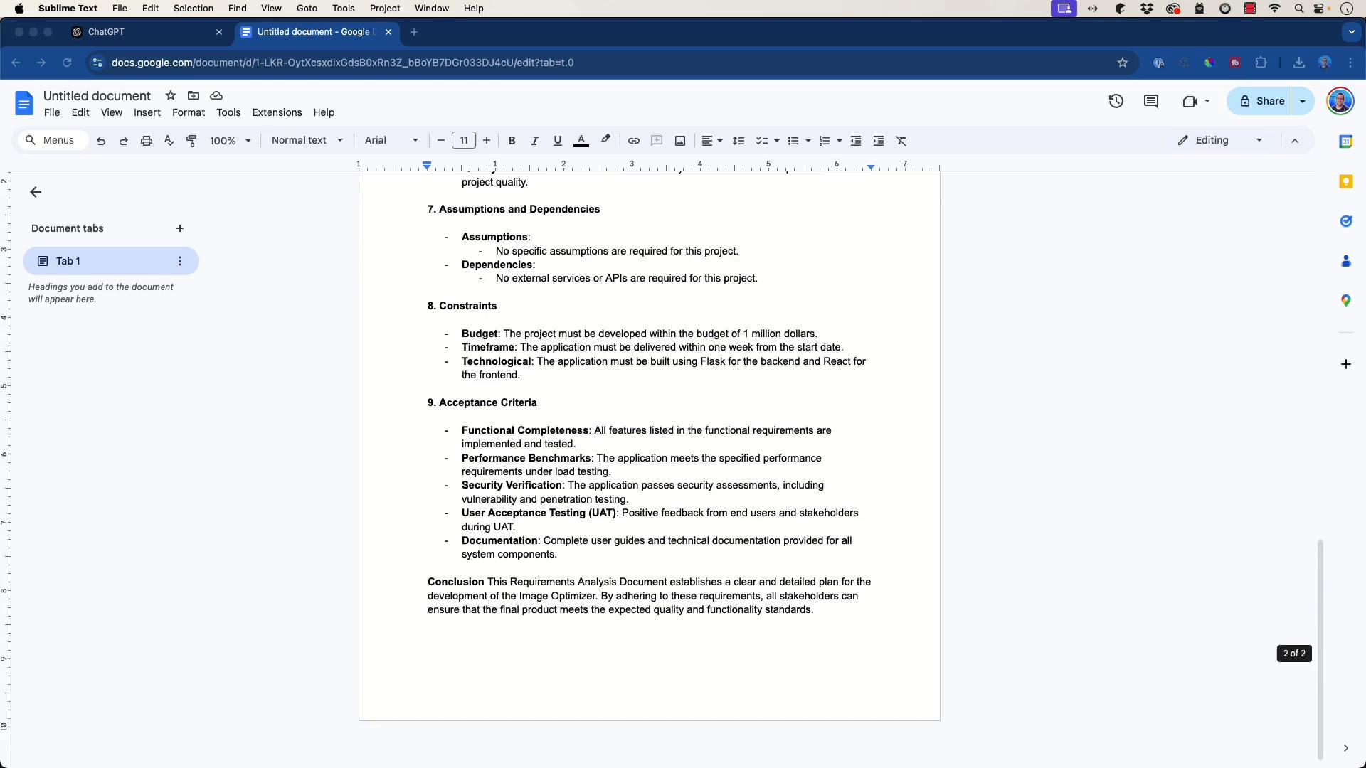The image shows a Google Docs document with sections on assumptions, dependencies, constraints, and acceptance criteria for a project. It includes details about budget, timeframe, technology, and testing requirements.