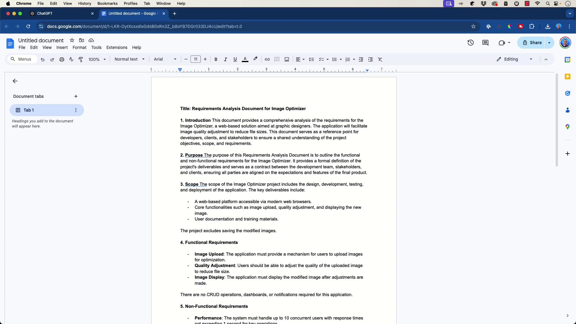 The image shows a Google Docs document titled "Requirements Analysis Document for Image Optimizer," detailing the introduction, purpose, scope, and requirements for a web-based image optimization application.