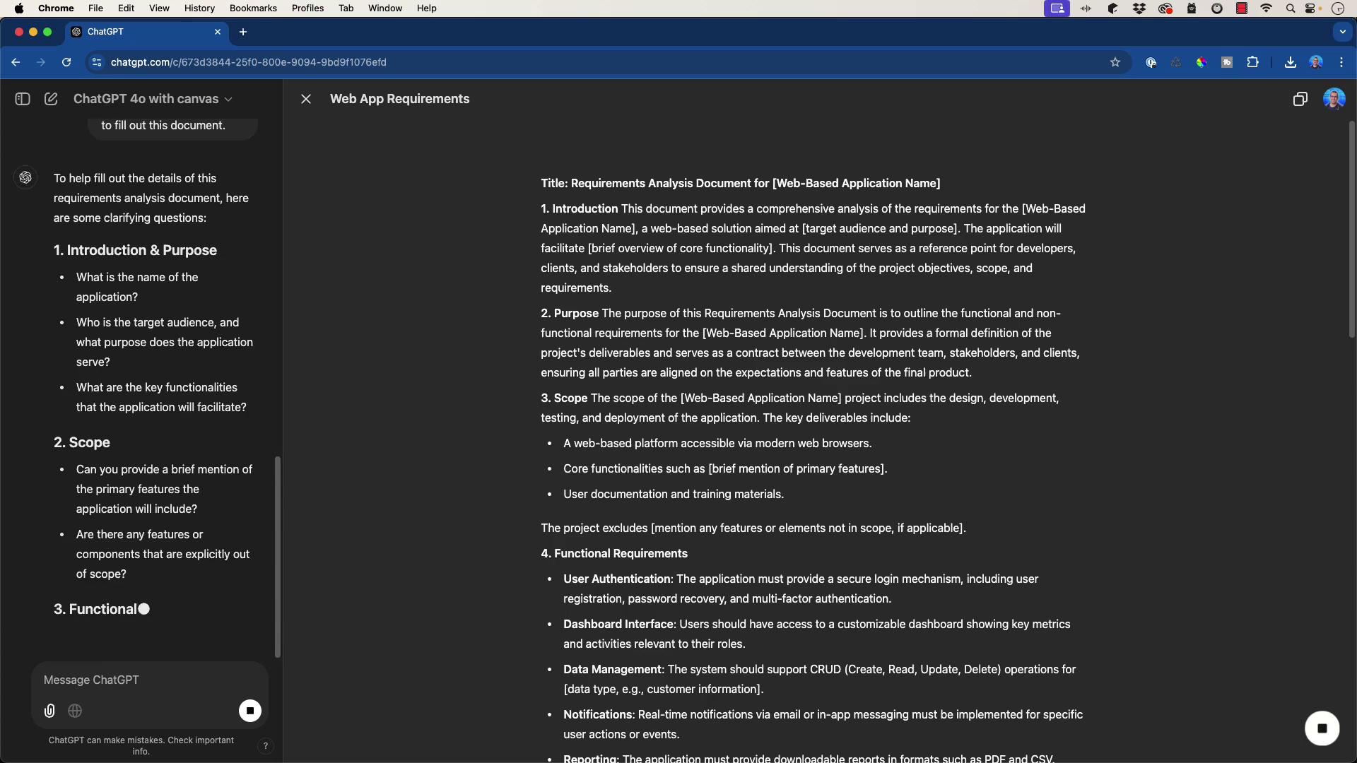 The image shows a web browser window with a document titled "Web App Requirements," detailing sections like Introduction, Purpose, Scope, and Functional Requirements for a web-based application. On the left, there are clarifying questions to help fill out the document.