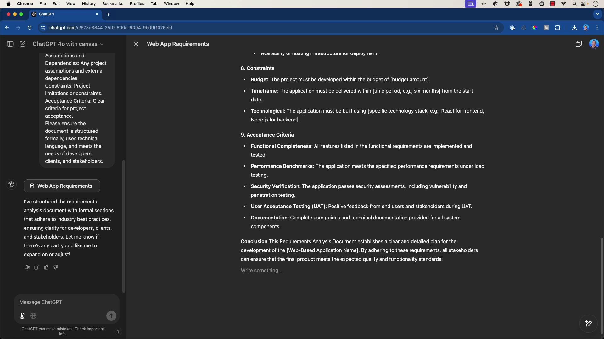 The image shows a web browser window with a document titled "Web App Requirements," detailing sections on constraints, acceptance criteria, and a conclusion for a web-based application project. The document is structured to provide clarity for developers, clients, and stakeholders.
