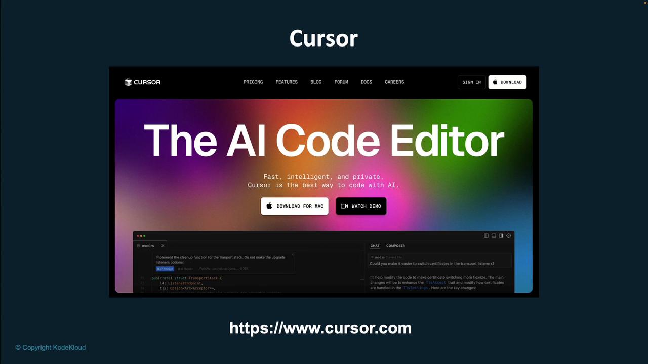 The image is a promotional graphic for "Cursor," an AI code editor, featuring a colorful background and options to download or watch a demo. The website URL is also displayed at the bottom.