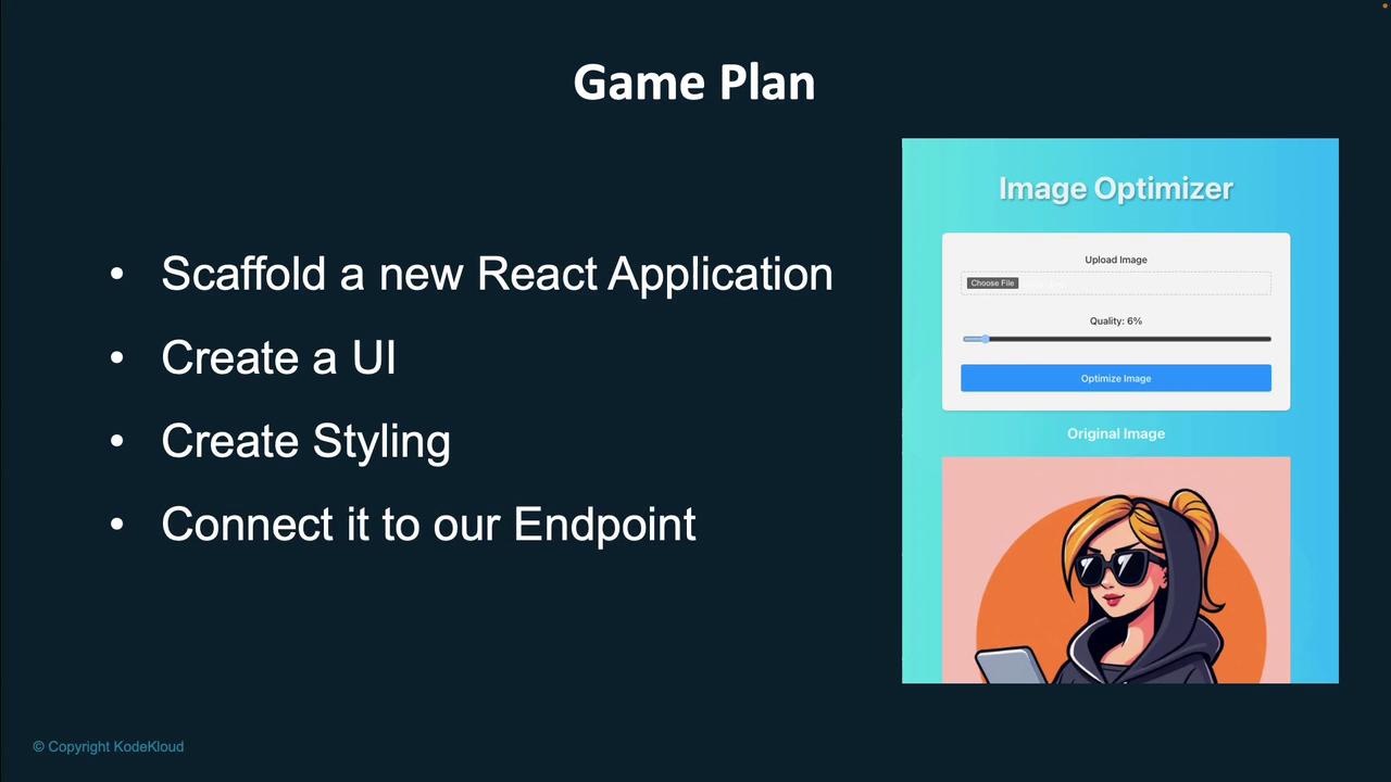The image shows a "Game Plan" for developing a React application, including steps like scaffolding, creating a UI, styling, and connecting to an endpoint. It also features an "Image Optimizer" interface with an upload option and a cartoon image of a person with sunglasses.