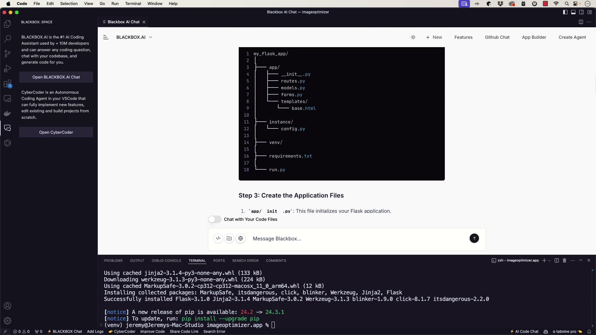 The image shows a coding environment with a file structure for a Flask application and a terminal displaying package installation details.