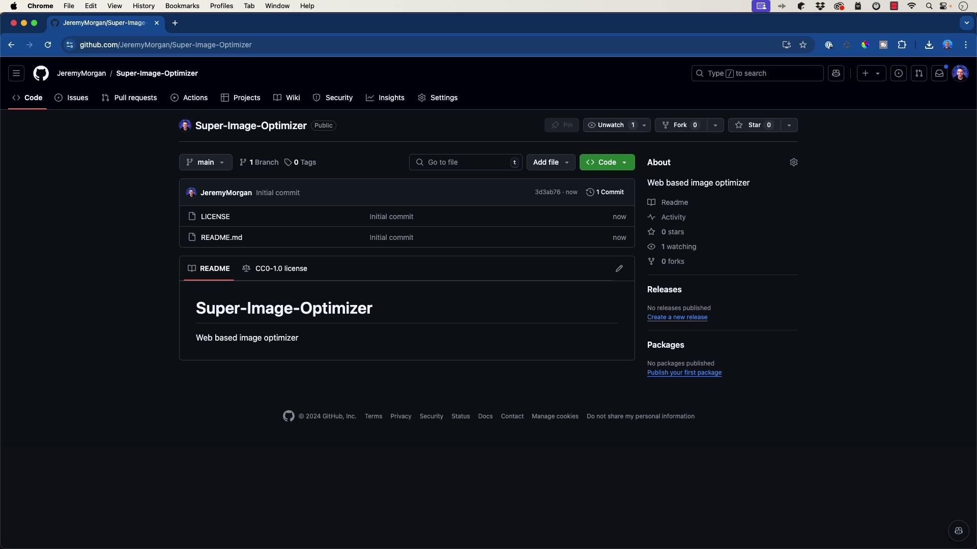 The image shows a GitHub repository page for a project called "Super-Image-Optimizer," which is a web-based image optimizer. The repository has one branch and no tags, with an initial commit.