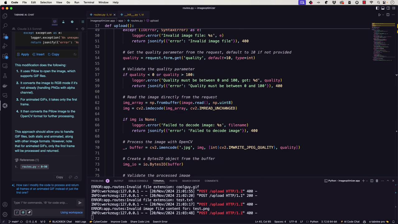 The image shows a code editor with Python code for an image upload function, alongside a terminal displaying error logs related to HTTP requests.