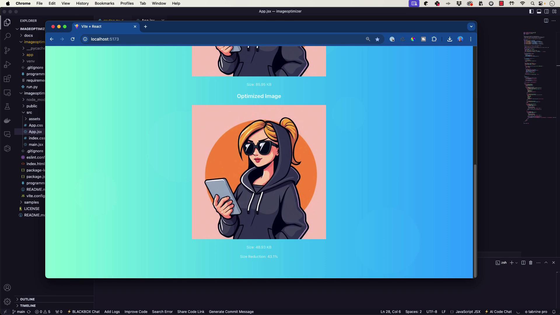 The image shows a screenshot of a web page with a cartoon character wearing sunglasses and a hoodie, holding a phone. The page displays information about image optimization, including file size and reduction percentage.