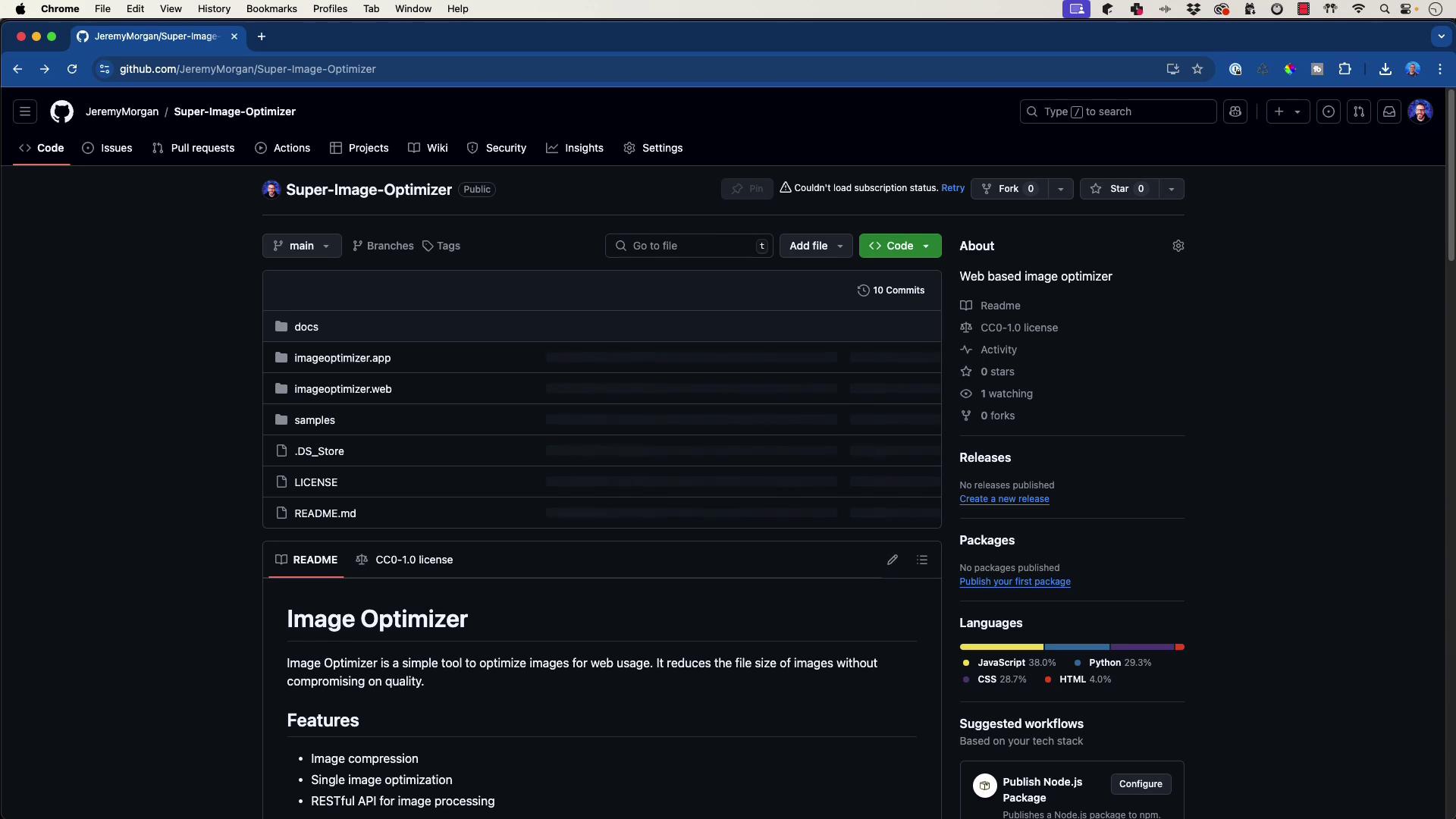The image shows a GitHub repository page for "Super-Image-Optimizer," featuring folders, files, and a description of the project as a web-based image optimizer.