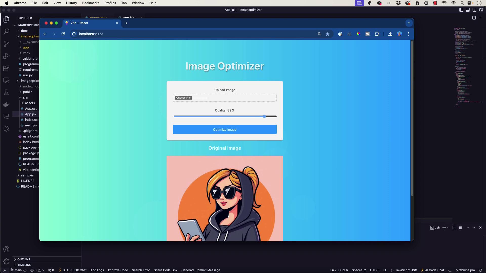 The image shows a web application interface for an "Image Optimizer" with options to upload an image and adjust quality settings. Below, there's an illustration of a person in sunglasses and a hoodie holding a phone.
