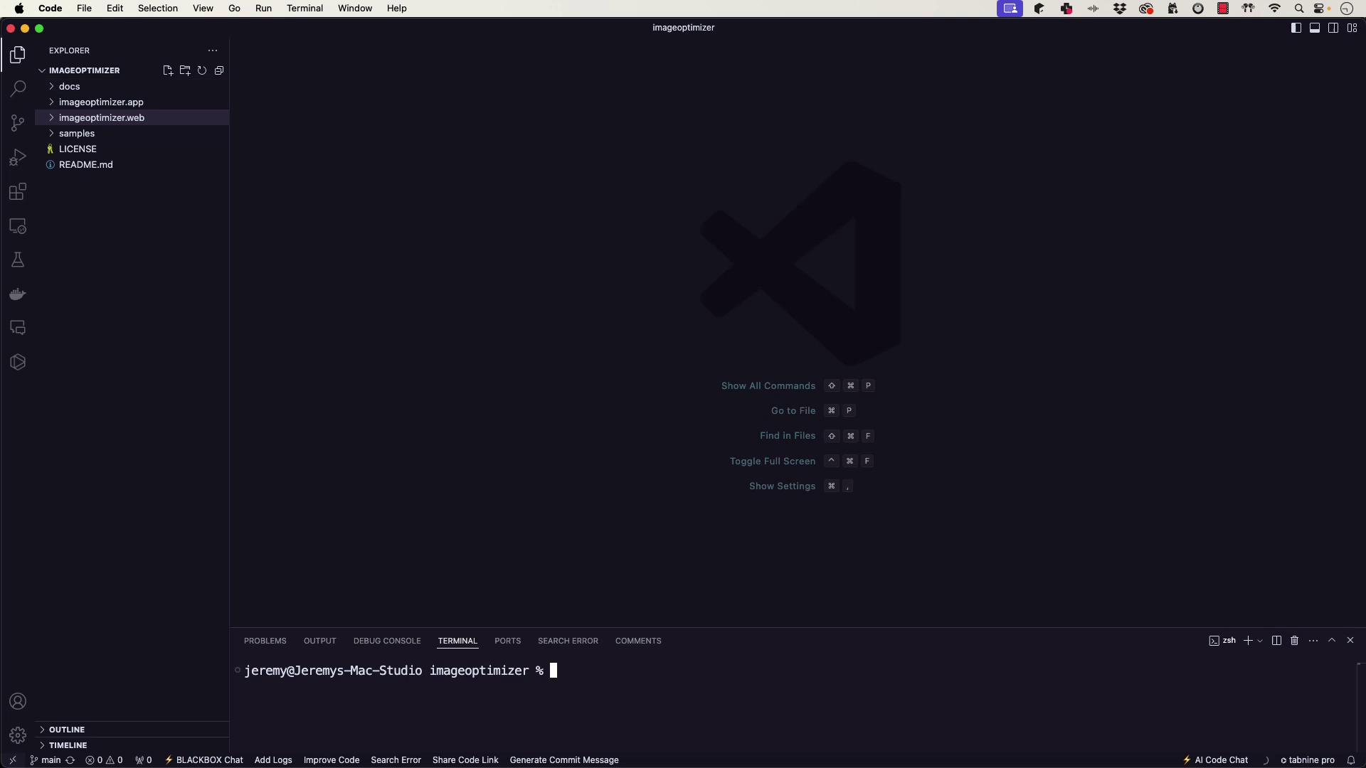 The image shows a Visual Studio Code interface with a file explorer open on the left, displaying a project named "IMAGEOPTIMIZER." The terminal at the bottom is open, ready for input.
