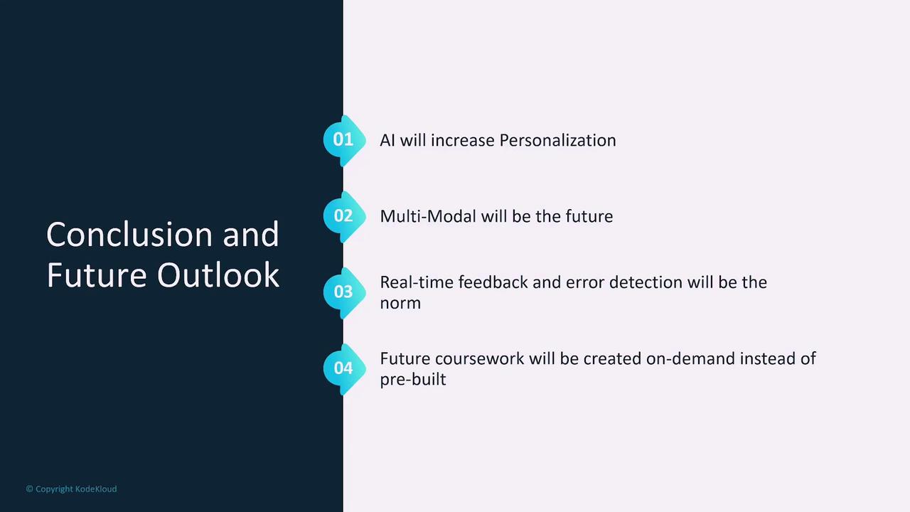 The image is a slide titled "Conclusion and Future Outlook," listing four points: AI will increase personalization, multi-modal will be the future, real-time feedback and error detection will be the norm, and future coursework will be created on-demand.