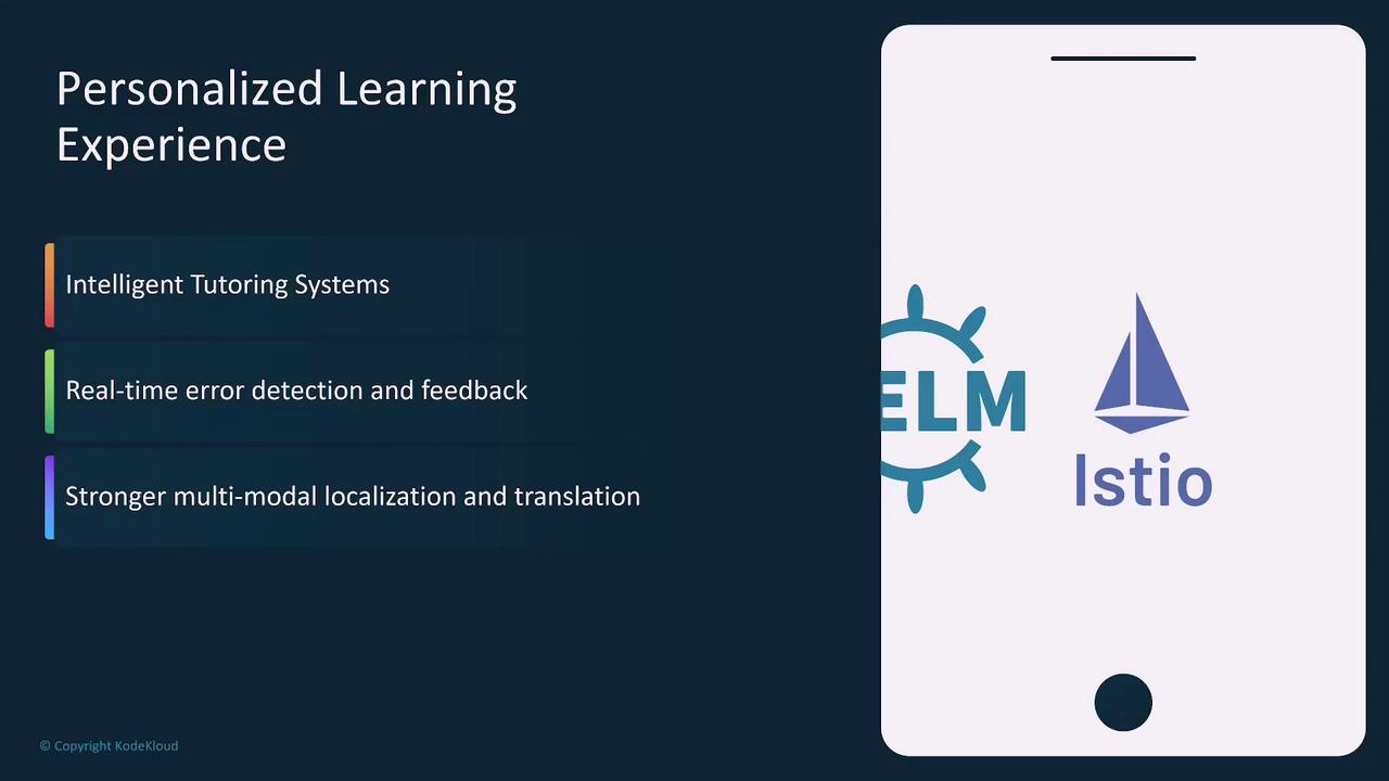 The image is a presentation slide titled "Personalized Learning Experience," highlighting features like intelligent tutoring systems, real-time error detection, and multi-modal localization. It also includes logos for ELM and Istio.